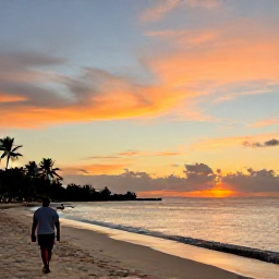 Caribbean Holidays, Jamaica Solo Holidays, Negril beach at sunset in December with a solo traveller walking along the shoreline and colourful Jamaican sky
