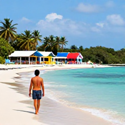 Caribbean Holidays, Jamaica Solo Holidays, Negril Seven Mile Beach in November with a solo visitor walking beside calm turquoise water and colourful beach caf&eacute;s