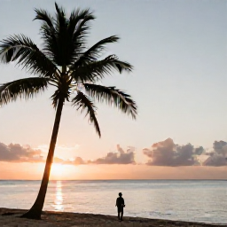 Caribbean Holidays, Jamaica Solo Holidays, Peaceful Jamaican sunset over the Caribbean Sea, solo traveller watching from a quiet beach with palm silhouettes