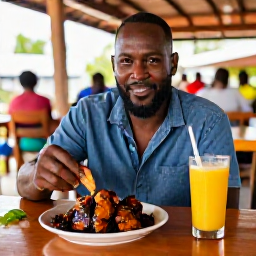 Caribbean Holidays, Jamaica Solo Holidays, Solo traveller enjoying jerk chicken and fresh tropical juice at a lively Jamaican outdoor restaurant