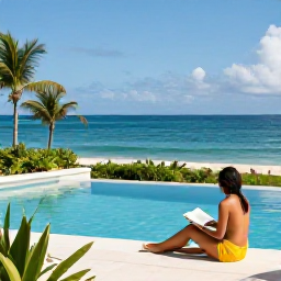 Caribbean Holidays, Jamaica Solo Holidays, Solo traveller relaxing beside a Jamaica resort pool overlooking the Caribbean Sea, with a book and tropical gardens