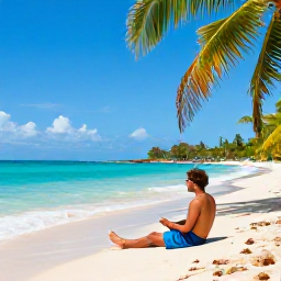 Caribbean Holidays, Jamaica Solo Holidays, Solo traveller relaxing on a bright Jamaican beach in January, clear turquoise sea, palm trees and a welcoming atmosphere