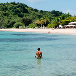 Caribbean Holidays, Jamaica Solo Holidays, Solo traveller swimming in clear Caribbean water near Jamaica, gentle October sunshine, lush green hills and a calm sandy beach