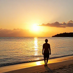 Caribbean Holidays, Jamaica Solo Holidays, Solo traveller walking along a beautiful Jamaican beach at sunset, calm sea and warm golden light