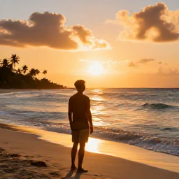 Caribbean Holidays, Jamaica Solo Holidays, Solo traveller watching a golden sunset from a Jamaican beach, gentle waves, warm evening light and relaxed island setting