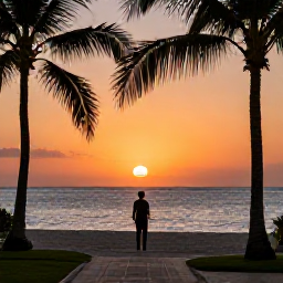 Caribbean Holidays, Jamaica Solo Holidays, Solo traveller watching a Jamaican sunset from a safe beachfront resort, orange sky, calm sea and palm silhouettes