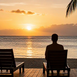 Caribbean Holidays, Jamaica Solo Holidays, Solo traveller watching a Jamaican sunset from a safe beachfront resort, warm golden sky, calm sea and comfortable surroundings