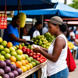 Caribbean Holidays, Jamaica Solo Holidays, Solo visitor exploring a colourful Jamaican market in Montego Bay, friendly local stalls, tropical fruit and vibrant Caribbean colours