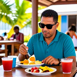 Caribbean Holidays, Jamaica Solo Holidays, Traveller enjoying a colourful Jamaican breakfast at a small outdoor caf&eacute;, tropical plants and relaxed local setting