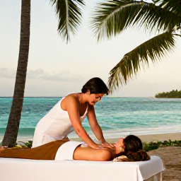 Caribbean Holidays, Jamaica Spa Breaks, Couple enjoying a beachfront massage at a Jamaican resort, with palm trees, turquoise sea and soft afternoon light
