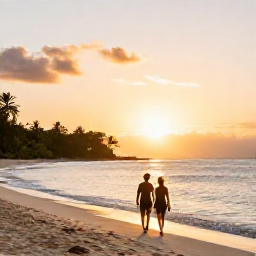 Caribbean Holidays, Jamaica Spa Breaks, Couple enjoying a peaceful sunset walk on Seven Mile Beach in Negril, Jamaica, with golden light and calm Caribbean water