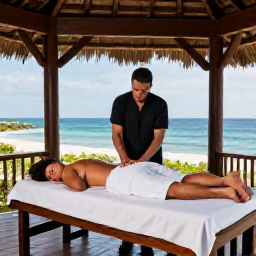 Caribbean Holidays, Jamaica Spa Breaks, Couple receiving a relaxing massage in an open-air Jamaican spa pavilion overlooking the sea