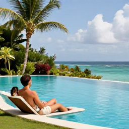 Caribbean Holidays, Jamaica Spa Breaks, Couple relaxing beside a tranquil Jamaican infinity pool in January, tropical gardens and Caribbean sea in the background