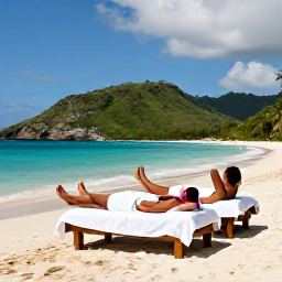Caribbean Holidays, Jamaica Spa Breaks, Couple relaxing on a Jamaican beach after a spa treatment, with turquoise sea, soft sand and green hills in the background