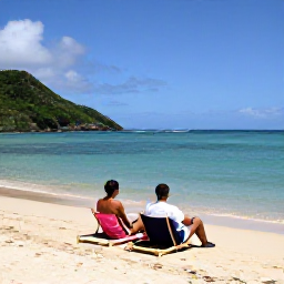 Caribbean Holidays, Jamaica Spa Breaks, Couple relaxing on a quiet Jamaican beach in June, with soft sand, clear Caribbean water and green hills in the distance
