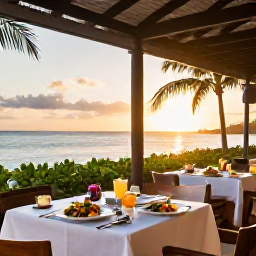 Caribbean Holidays, Jamaica Spa Breaks, Elegant Jamaican resort restaurant at sunset, serving fresh Caribbean cuisine beside the sea