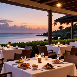 Caribbean Holidays, Jamaica Spa Breaks, Elegant Jamaican resort restaurant at sunset serving fresh Caribbean cuisine, with sea views and a relaxed atmosphere