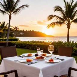 Caribbean Holidays, Jamaica Spa Breaks, Elegant Jamaican resort restaurant serving fresh tropical dishes beside a sunset-lit garden