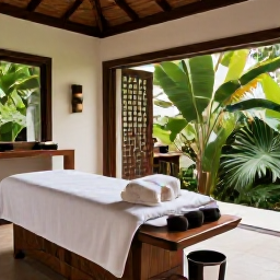 Caribbean Holidays, Jamaica Spa Breaks, Elegant Jamaican resort spa treatment room with natural wood, soft towels and tropical greenery