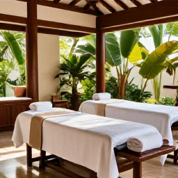 Caribbean Holidays, Jamaica Spa Breaks, Elegant Jamaican resort spa treatment room with natural wood, tropical plants, soft towels and warm sunlight