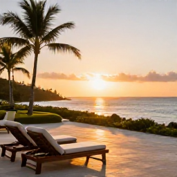Caribbean Holidays, Jamaica Spa Breaks, Elegant Jamaican spa resort terrace at sunset with comfortable loungers, palm trees and ocean views