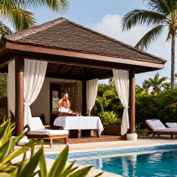 Caribbean Holidays, Jamaica Spa Breaks, Elegant Jamaican spa resort with an open-air treatment pavilion, lush gardens, palms and a guest relaxing beside a pool
