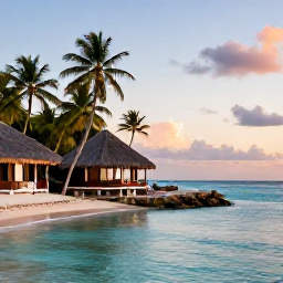 Caribbean Holidays, Jamaica Spa Breaks, Jamaican beach at sunset with calm turquoise water, palm trees and a small spa resort