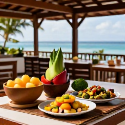 Caribbean Holidays, Jamaica Spa Breaks, Jamaican spa holiday dining scene with fresh tropical fruit, colourful local dishes and a relaxed open-air restaurant near the sea