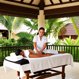 Caribbean Holidays, Jamaica Spa Breaks, Jamaican spa therapist giving a gentle massage in an elegant open-air treatment pavilion surrounded by greenery