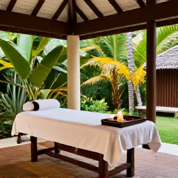 Caribbean Holidays, Jamaica Spa Breaks, Jamaican spa treatment room open to a tropical garden, with massage table, candles and natural wooden details