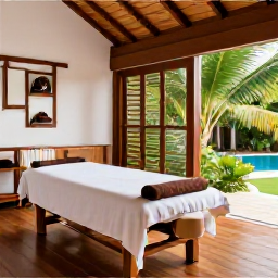 Caribbean Holidays, Jamaica Spa Breaks, Peaceful Jamaican resort spa interior with massage table, natural wood and tropical greenery