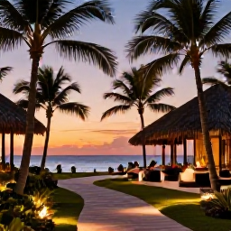 Caribbean Holidays, Jamaica Spa Breaks, Peaceful Jamaican spa resort at sunset with palm trees, softly lit pathways and guests relaxing near the sea