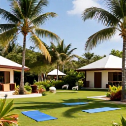 Caribbean Holidays, Jamaica Spa Breaks, Peaceful Jamaican wellness resort garden with yoga mats, lush greenery, palm trees and a calm tropical atmosphere