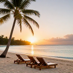Caribbean Holidays, Jamaica Spa Breaks, Quiet Jamaican beach at sunrise in January with two sun loungers, calm turquoise water and palm trees