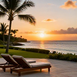 Caribbean Holidays, Jamaica Spa Breaks, Relaxed Jamaican spa resort terrace at sunset overlooking the Caribbean Sea, with comfortable loungers and tropical scenery