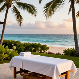 Caribbean Holidays, Jamaica Spa Breaks, Relaxing beachfront spa treatment at a luxury resort in Jamaica, with tropical greenery, calm turquoise sea and soft morning light