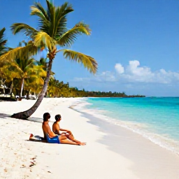 Caribbean Holidays, Jamaica Spa Breaks, White Jamaican beach with clear turquoise water, palm trees and a couple relaxing in April sunshine