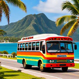 Caribbean Holidays, Jamaica Tours, A colourful Jamaican tour bus travelling along a tropical coastal road with palm trees, blue sea and green mountains in the background