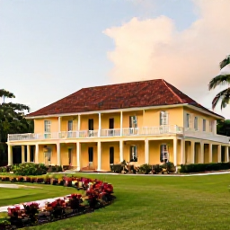 Caribbean Holidays, Jamaica Tours, A historic Jamaican plantation house surrounded by gardens, with visitors exploring the grounds beneath a warm afternoon sky