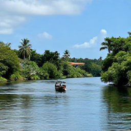 Caribbean Holidays, Jamaica Tours, A small boat gliding across the calm waters of the Martha Brae River through lush Jamaican countryside