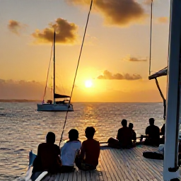 Caribbean Holidays, Jamaica Tours, A sunset catamaran cruise beside the Jamaican coastline, with passengers relaxing on deck and a golden sky over the Caribbean Sea