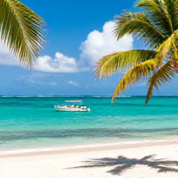 Caribbean Holidays, Jamaica Tours August, Sunny Jamaican coastline with turquoise water, palm trees and a small tour boat near the shore