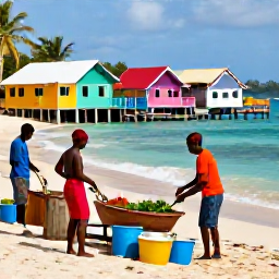 Caribbean Holidays, Jamaica Tours August, Traditional Jamaican fishing village with colourful buildings, a sandy beach and locals preparing fresh food