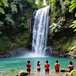 Caribbean Holidays, Jamaica Tours August, Visitors exploring a lush Jamaican waterfall surrounded by tropical plants and clear pools