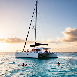 Caribbean Holidays, Jamaica Tours, Catamaran sailing along Jamaica&rsquo;s coast at sunset, with snorkellers in clear water and a relaxed group onboard