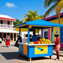 Caribbean Holidays, Jamaica Tours, Colourful Montego Bay street scene with a Jamaican food stall, tropical fruit and relaxed local atmosphere