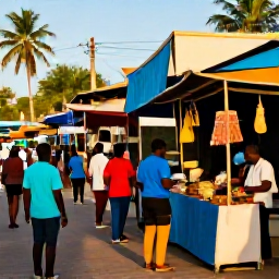 Caribbean Holidays, Jamaica Tours July, A colourful Jamaican market street with local food stalls, musicians and visitors exploring in warm afternoon light