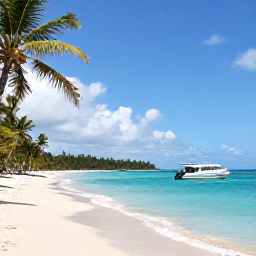 Caribbean Holidays, Jamaica Tours July, A sunny Jamaican beach in July with turquoise water, palm trees and a small excursion boat near the shore