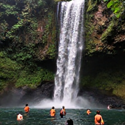 Caribbean Holidays, Jamaica Tours July, Visitors swimming beneath the waterfall at Dunn's River Falls in Jamaica, surrounded by lush tropical forest
