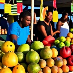 Caribbean Holidays, Jamaica Tours May, Colourful Jamaican market with fresh tropical fruit, local crafts and friendly shoppers in warm afternoon light